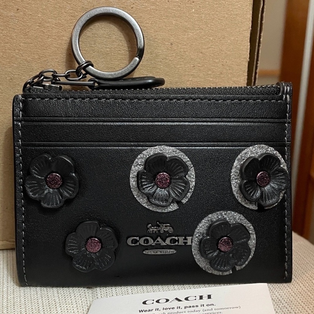 Coach Mini Skinny Id Case With Floral Applique Gunmetal/Black NWT - Picture 2 of 15